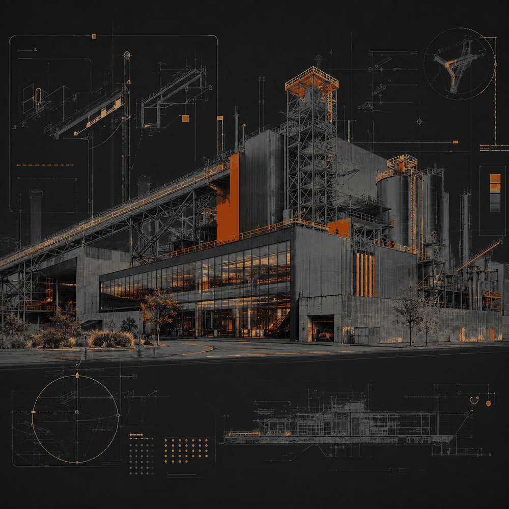 Complexo industrial com sobreposição de desenhos técnicos