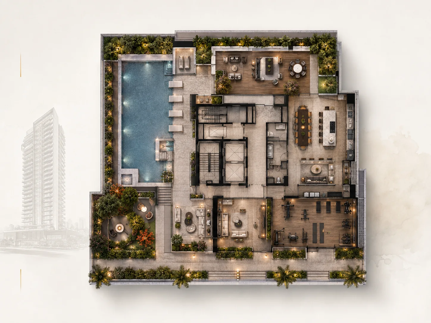Render ilustrativo da planta do pavimento de lazer